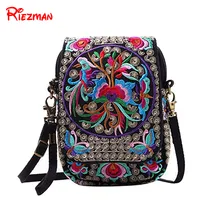 Riezman 2019 nueva bolsa de bordado de viento nacional para mujer, bolso de lona con características gruesas, bolsos Retro, Mini bolso, bolsa para teléfono móvil(China)