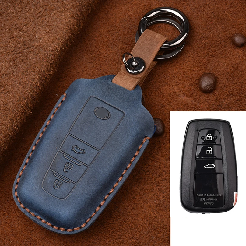 3buttons Blue Чехол из натуральной кожи ключ дистанционного управления для TOYOTA Camry C-HR Corolla Crown Prado Reiz Highlander IZOA Camry2018 аксессуары - Название цвета: 3buttons Blue