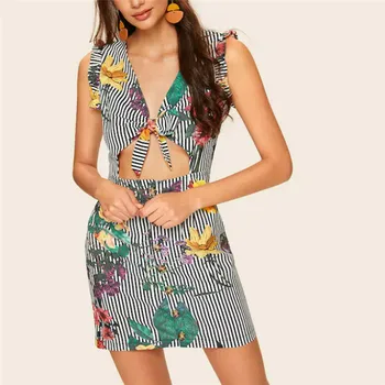 

Women Summer Vintage Chest tie Bowknot bandage Floral Dress Elegant Ruffles Sleeveless hollow out Striped Sundress Streetwear