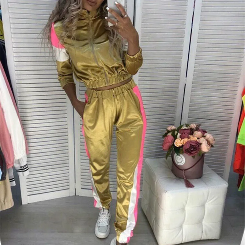 Атласные спортивные костюмы Женская одежда Ropa Deportiva Mujer Chandal Mujer 2 Piezas для бега Femme комплект из двух предметов топ и штаны спортивный костюм - Цвет: Золотой