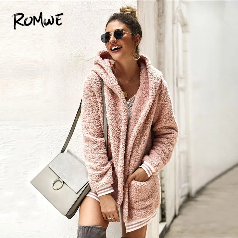 Greatest  ROMWE Contrast Stripe Trim Hooded Teddy Jacket Winter 2019 Coat Women Long Sleeve Casual Pocket Bom