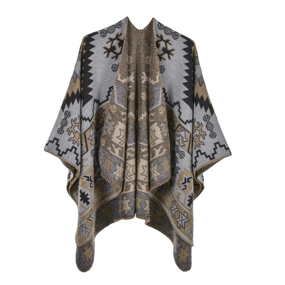 

Double Sides Ethnic Style Thick Warmth Shawl Poncho Autumn and Winter Scarf Cape Open Stitch Loose Ponchos and Capes