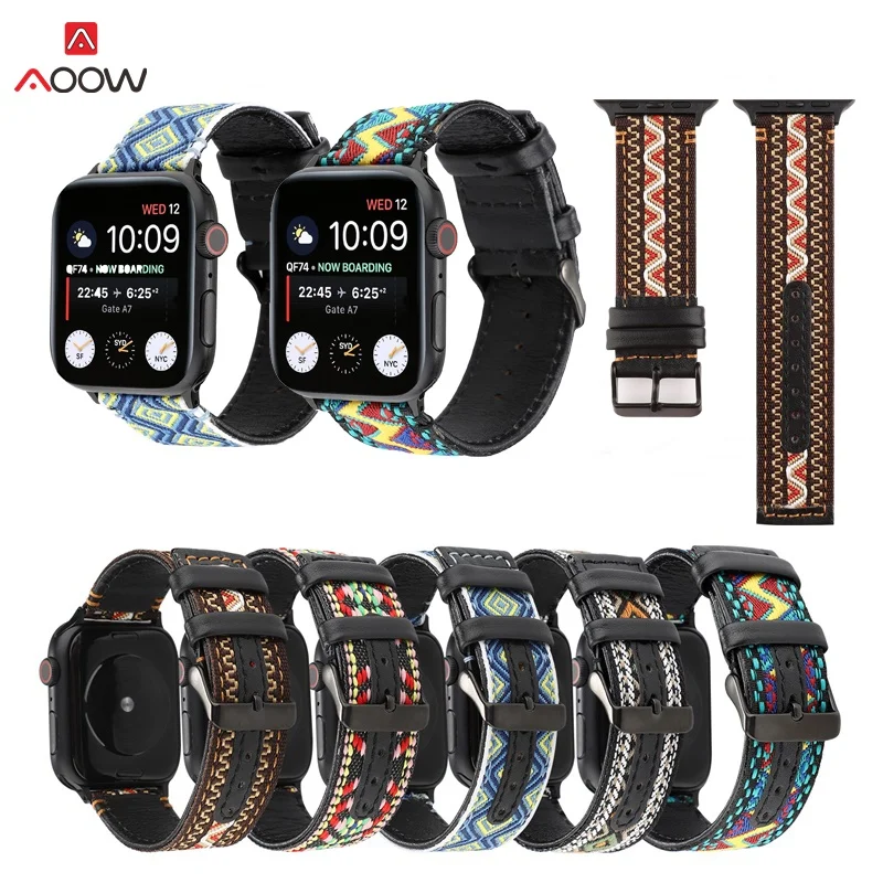 

AOOW Bohemian Bracelet for i watch 4 3 2 1 Nylon Leather Watch Strap 38mm 40mm 42mm 44mm Band Accessories for Apple Watch