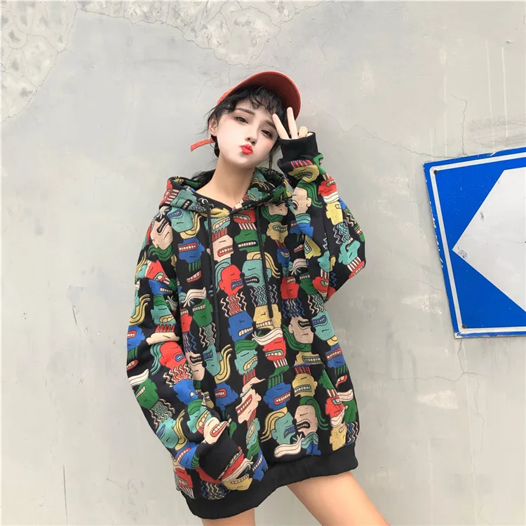 Neploe, осенние женские толстовки Harajuku, мультяшный принт, свободный карман, толстовка с капюшоном, негабаритный Женский пуловер, джемперы 55380