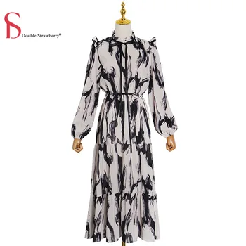

Double Strawberry Autumn New Fashion Style Elegant Round Neck Ink Printing and Dyeing Hem Layered Ruffled Long Dress Women