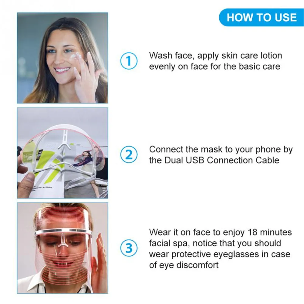 Светодиодный светильник-маска для лица, 3 цвета, терапия, маска для лица, инструмент для красоты, устройство для спа-лечения лица, против акне и морщин