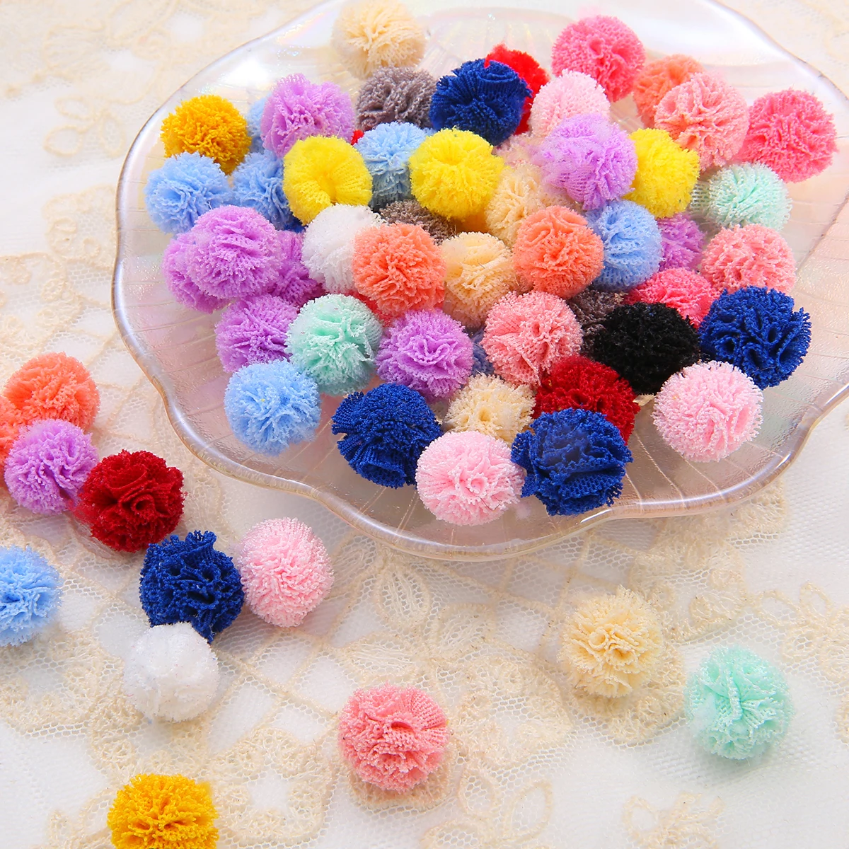 Korea Lace Ball DIY Gauze Elastic Flower Pompoms 30Pcs/lot 15mm Craft Plush Mesh Pendant For Hairpins Jewelry Making Accessories pom poms craft supplies,jewelry making supplies,craft supplies