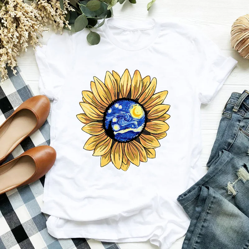

Women Lady T Shirt Sunflower Night Painting Print Tshirt Ladies Short Sleeve Tee Shirt Women Female Tops Clothes Graphic T-shirt