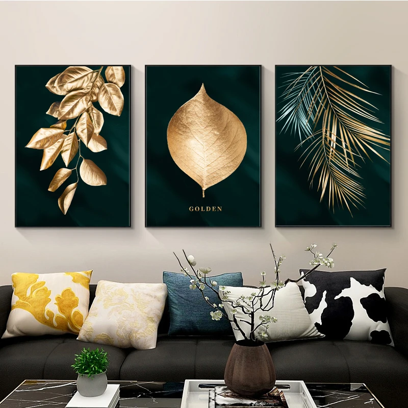 Золотой листьев растений абстрактный плакат зеленый фон Wall Art Скандинавская