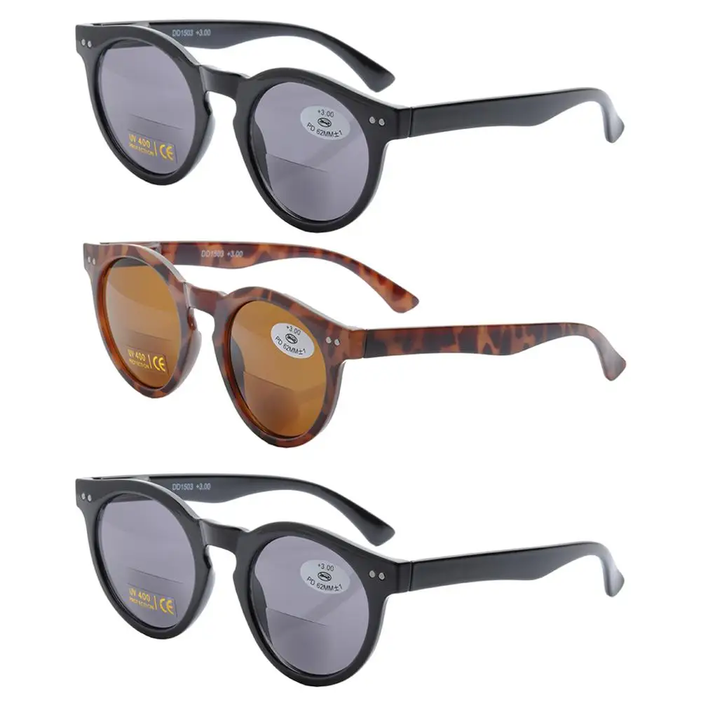 black2tortoise1 3 шт Ретро бифокальные UV400 Солнцезащитные очки круглые винтажные бифокальные очки для чтения женские и мужские Брендовые очки для чтения+ 1,0 до+ 3,5 DD1503 - Цвет оправы: black2tortoise1