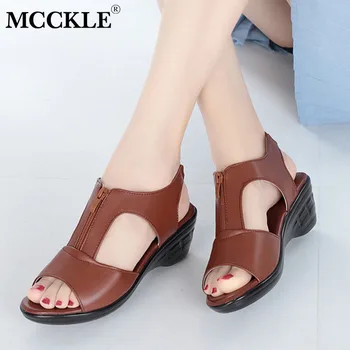 

MCCKLE Women Summer Wedges Sandals Ladies Open Toe Zipper PU Leather Sandals Female Platform Casual Comfortable Woman Shoes