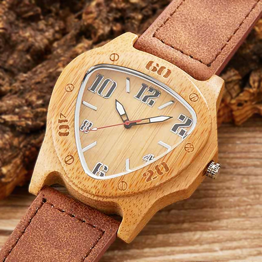 Triangle Wood Watch Men Natural Bamboo Wooden Watches Male Cowhide Leather Wrist Watches Retro Brown Wood Clock Montre Homme