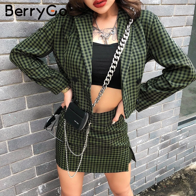 BerryGo/пикантные Женские клетчатые костюмы с цепочками женская блузка пуговицами