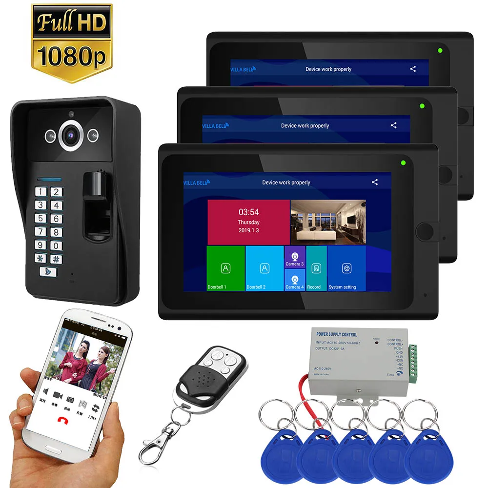 7 дюймов 2 монитора Wifi беспроводной отпечаток пальца RFID видео телефон двери дверной звонок Домофон с проводной HD 1080P камера
