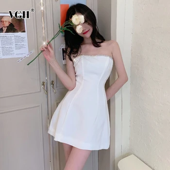 

VGH Diamond Patchwork Dress For Women Slash Neck Sleeveless Off Shoulder High Waist Solid Minimalist Slim Dresses Female Summer