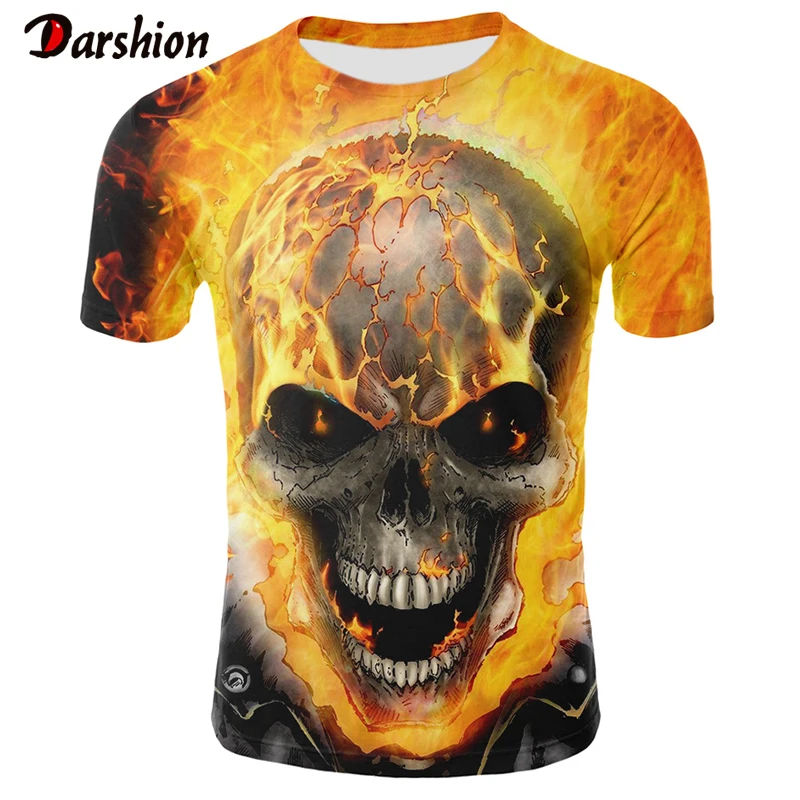 

Realistic Men's Skull T-shirt Fire Shirts 3D printed Men's Tops Popular Summer New Boy Short Sleeve Top And Tees For Male