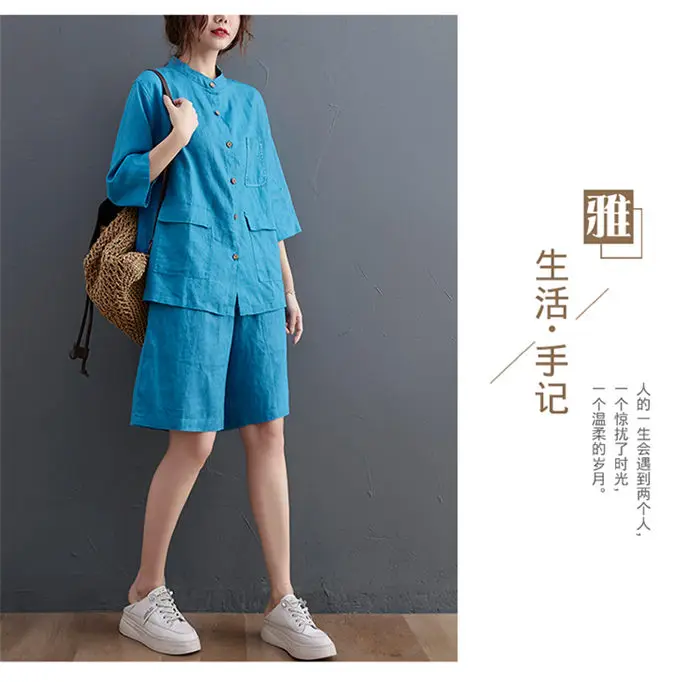 sweat suits women Cotton Linen Suit Womens Summer Loose Large Size Solid Stand-up Collar Shirt+Elastic Waist Shorts Casual Tooling Two Piece aq636 two piece skirt set