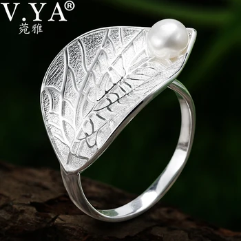

V.YA Natural Freshwater Pearl Ring 925 Sterling Silver Adjustable Leaf Rings for Women Birthday/Mother's Day Gifs