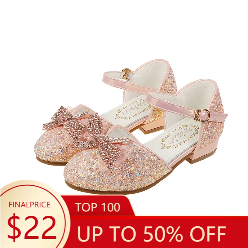 

Kids Flat-soled Princess Shoes School Students Stage Sequins Show High Heels 4-12 years Casual Flat-heeled Leather Shoes Tide