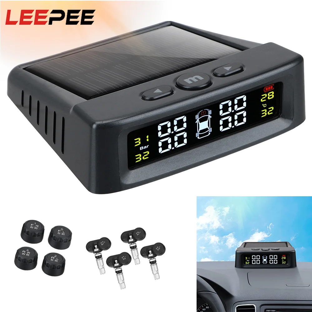 

LEEPEE Solar TPMS Car Tire Pressure Alarm Monitor System Display Intelligent Temperature Warning Fuel Save with 4 Sensors tpms