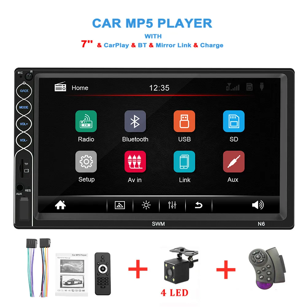 New 2 Din Car Video Player 7.0'' HD Bluetooth Stereo Radio FM MP4 MP5 Audio USB Auto autoradio with Steering wheel control
