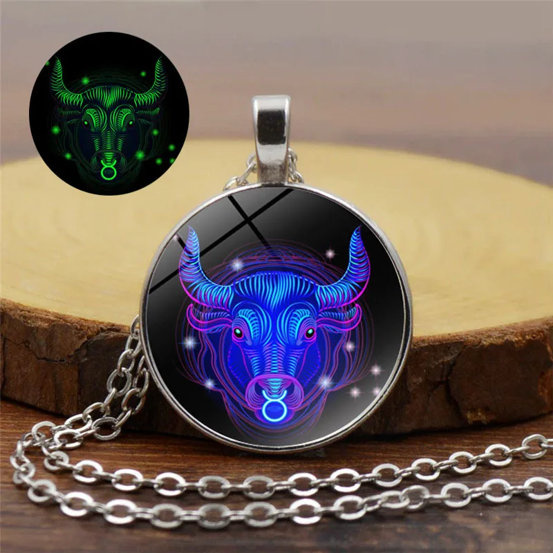 

Simple Black Chain Alloy Glow In The Dark Necklace Fashion 12 Constellation Glass Dome Luminous Pendant Necklace for Women Men