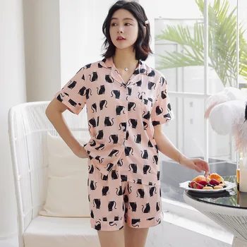 

Wmyqdlq Ladies Pajamas, Summer Thin Section, Simulation Silk Cat Short Sleeve Shorts, Two-Piece suit, Home Service