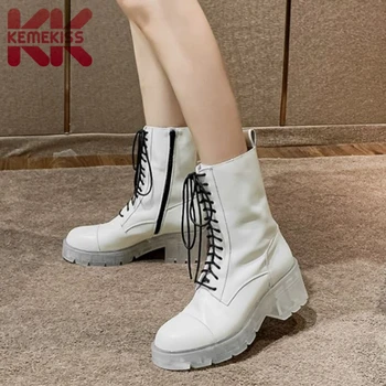 

KemeKiss Woman Mid Calf Boots Thick Bottom Lace Up Woman Short Boots Fashion Cool Autumn Winter Shoes Woman Footwear Size 34-40
