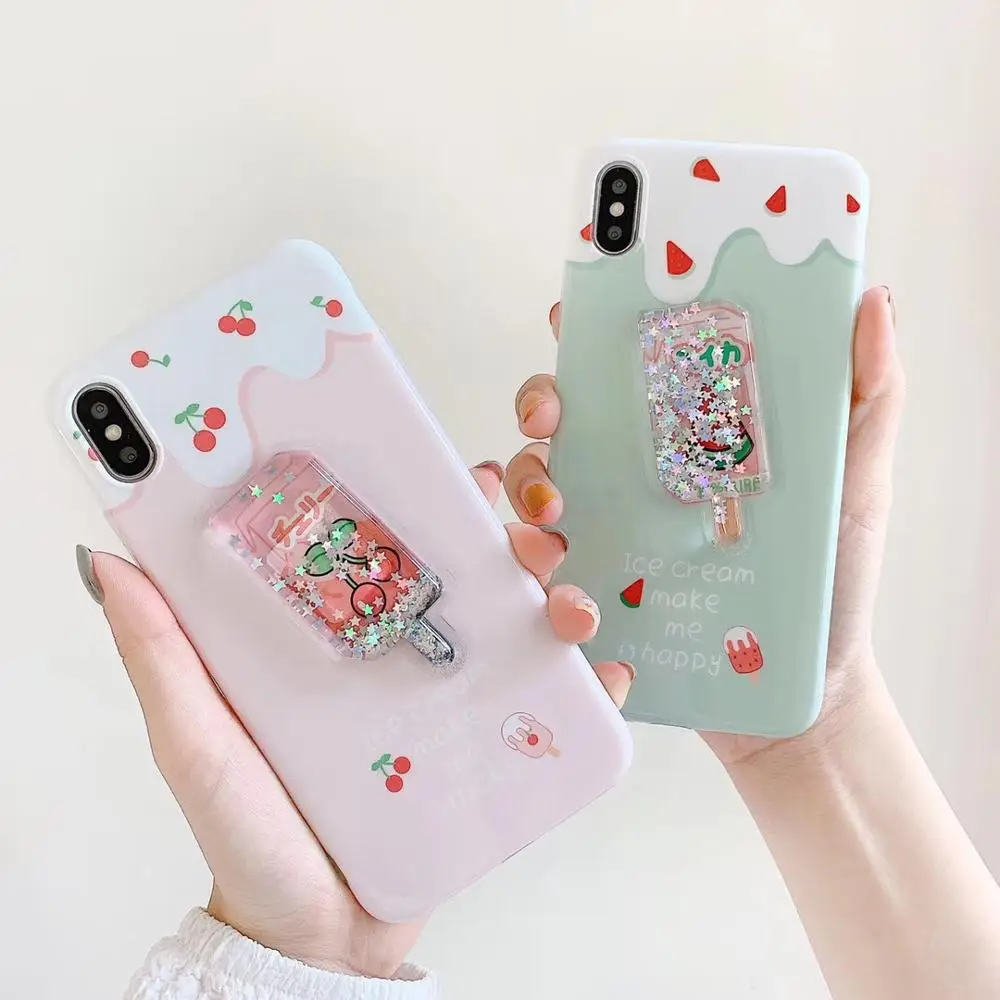 

Cute 3D quicksand cherry watermelon dynamic shining stars pink silicone soft cover for iphone MAX XS XR 6 7 8plus X phone cases