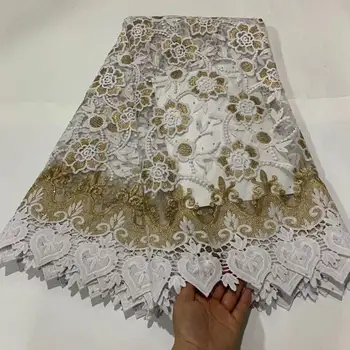 

High Quality African Lace Fabric For Wedding white Embroidered Stones France mesh Lace Fabric nigerian Guipure Cord Lace FT6-30