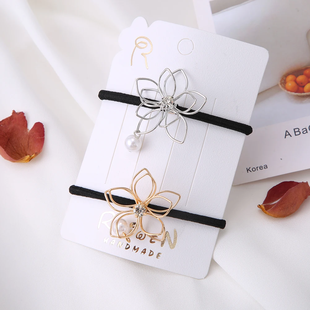 Set 2pcs Модный женский держатель для волос с жемчугом и цветами, резинка для волос, эластичная резинка, женский головной убор, аксессуары для волос - Цвет: Set 2pcs