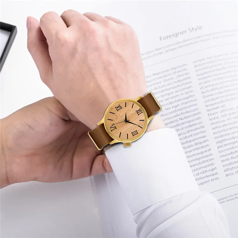 

Creative Bamboo Wood Printed Roman Digital Men's Watch Quartz Leather Watch Male Wristwatch zegarek meski montre homme WD