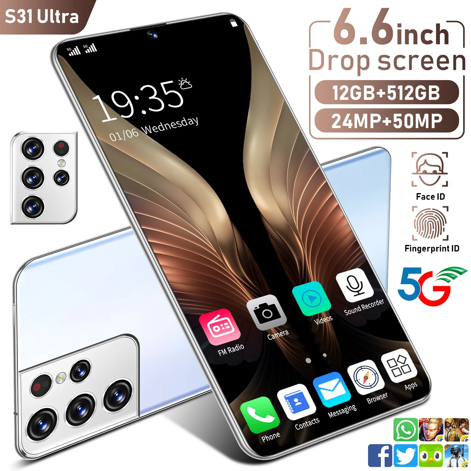 S31 Ultra SmartPhone 2021 Global Version12+512GB 6.6 Inch 24+48MP 10 Core Processor Face Fingerprint Dual Unlock 5G Mobile Phone