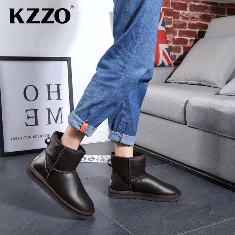 KZZO Australian Classic Waterproof Ankle Men Snow Boots Genuine Leather Natural Wool Lined Winter Warm Non-slip Short Boots