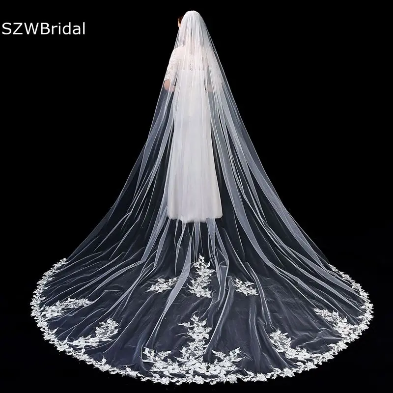 

New Arrival Ivory Cathedral Wedding Veils Long Lace Edge Bridal Veil with Comb Wedding Accessories Casamento Bride Wedding Veil