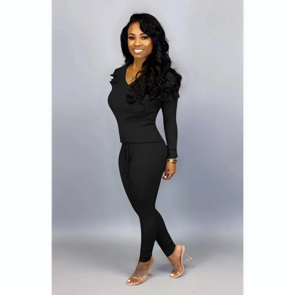 QILI Plus Size Two Piece Set Jumpsuits Womens Stretch Twill Ruffles Long Sleeve 2 Piece Outfits Casual Jumpsuits Autumn Jumpsuit