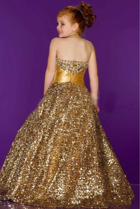 Блестящие золотые платья с блестками для девочек ТРАПЕЦИЕВИДНОЕ платье в пол для первого причастия детские вечерние платья для выпускного вечера