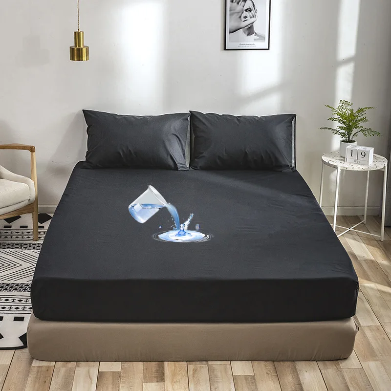 

Black Bedspread Solid Color Fitted Sheet Bed Linen Mattress Cover Elastic Band Waterproof Bed Cover Sheet No Pillowcase for Home