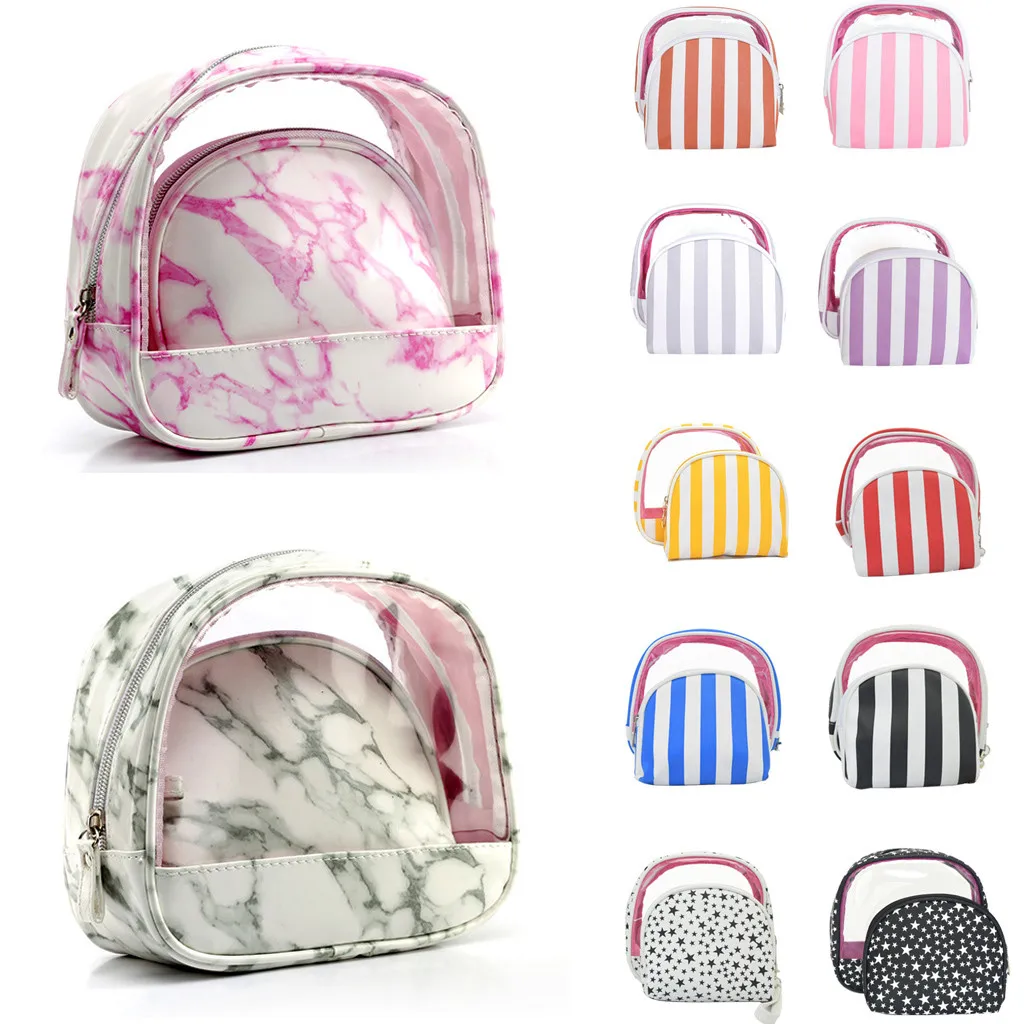 

2Pcs Women Marble Striped Leather Cosmetic Bags Makeup Bag Pouch Purses make up bag toiletry bags Handbags neceser mujer #57