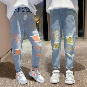 

Fashion 2020 Girls Letter Print Jeans New Spring Autumn Kids Girls Elastic Waist Children Denim Pants For 3-14 Years Trousers