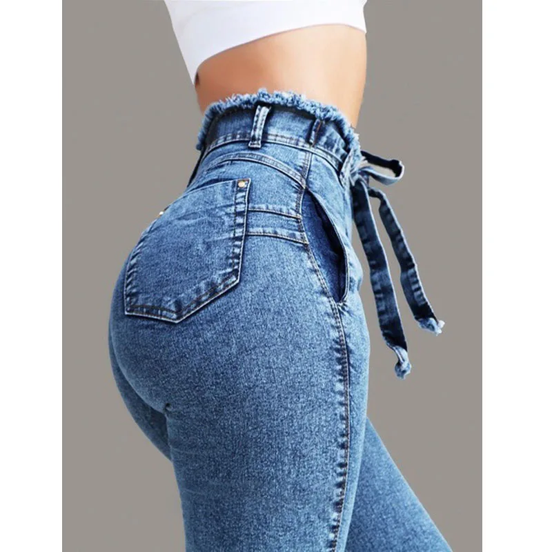 spring and autumn women's large size high waist elastic ladies jeans button tassel loose denim casual feet Ms slim jeans