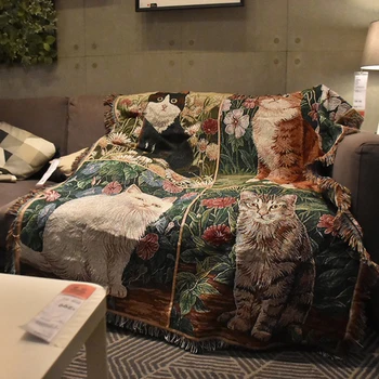 

Simanfei Knitted Blanket Nordic Cat Printed Sofa Towel Mat Leisure Decorative Living Room Soft Fluffy Travel Throw Blanket