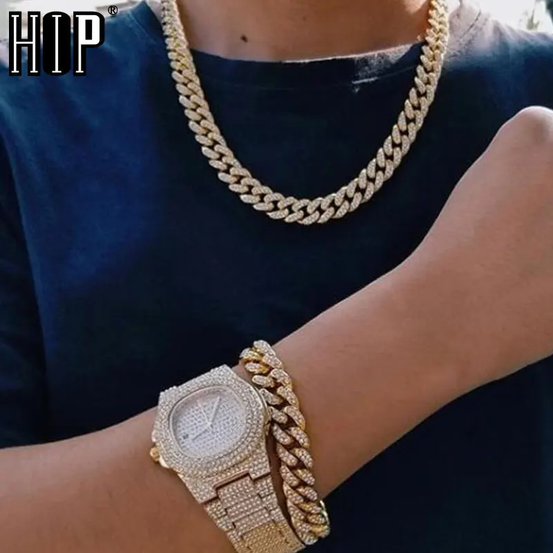 

Necklace +Watch+Bracelet 3pcs kit Hip Hop Miami Curb Cuban Chain Gold Full Iced Out Paved Rhinestones CZ Bling For Men Jewelry