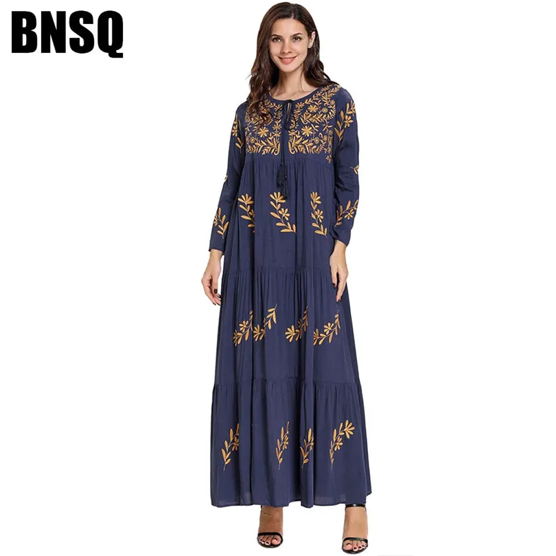 Женское мусульманское Abayas джинсовое Макси-платье с вышивкой, свободные бандажные платья, Арабская Дубайская Исламская одежда, длинные платья размера плюс, Халат