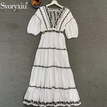 

Svoryxiu Runway Designer Women Summer White Sexy V-Neck Open Back Long Dress Ladies Embroidery Sequined Ruched Vintage Dresses