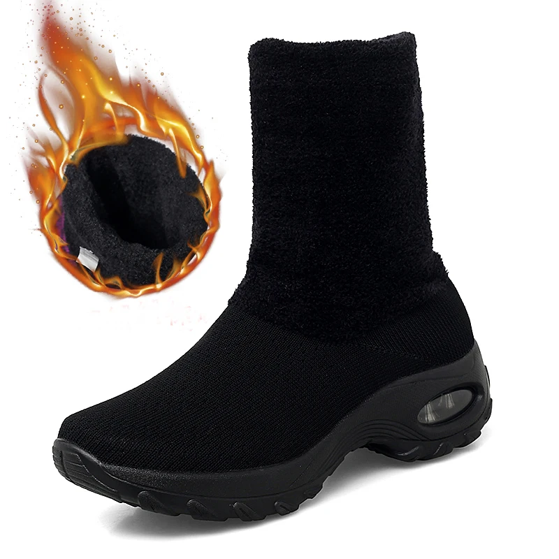 Warmth Winter Snow Boots Woman High Top Cushioning Running Shoes Plush Fur Socks Sneakers Big Size 43 Light Athletic Trainers - Цвет: Black