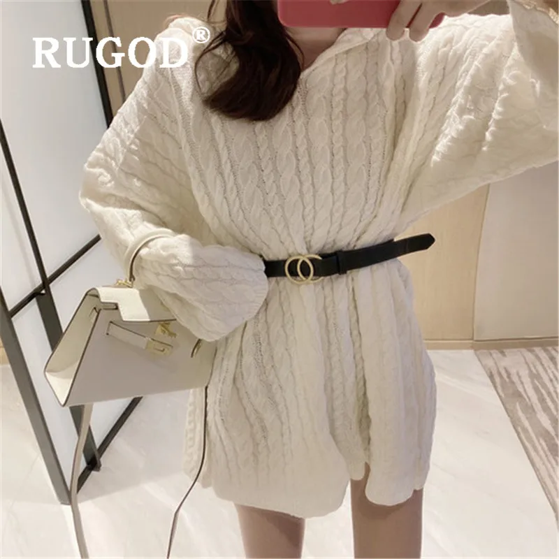 RUGOD, Осень-зима, стиль, шикарный, винтажный, утолщенный свитер с капюшоном, с поясом, негабаритный, трикотаж, Kpop, модная одежда