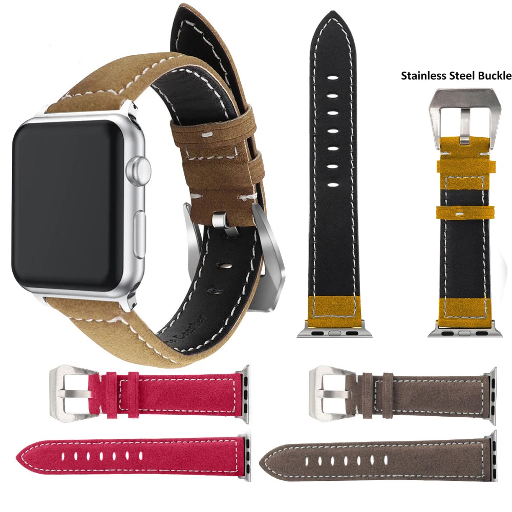 Черный, синий, красный ремешок из натуральной кожи для Apple Watch 5, 4, ремешок серии 3, 2, 1, спортивный браслет 42 мм, 38 мм, ремешок для iwatch Band