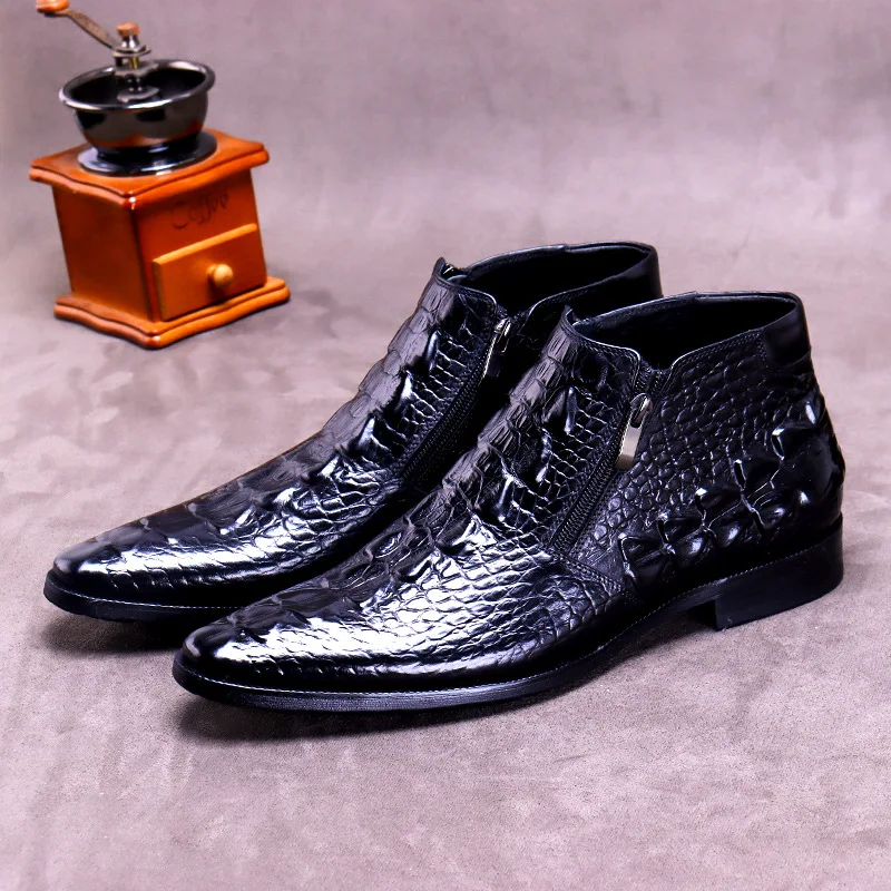 Winter New Short Boots Men'sCrocodile Grain Leather High-Top Shoes Zipper Warm Cowhide Leather Boots Round Toe Oxfords