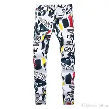 Мужские джинсы с принтом, джинсовые штаны в стиле хип-хоп, новые Брендовые повседневные штаны, джинсы с 3d рисунком, цветные белые обтягивающие длинные брюки из смешанного хлопка